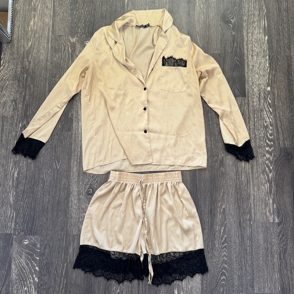 Nasty Gal Other - Nasty gal beige satin and black lace pajama set